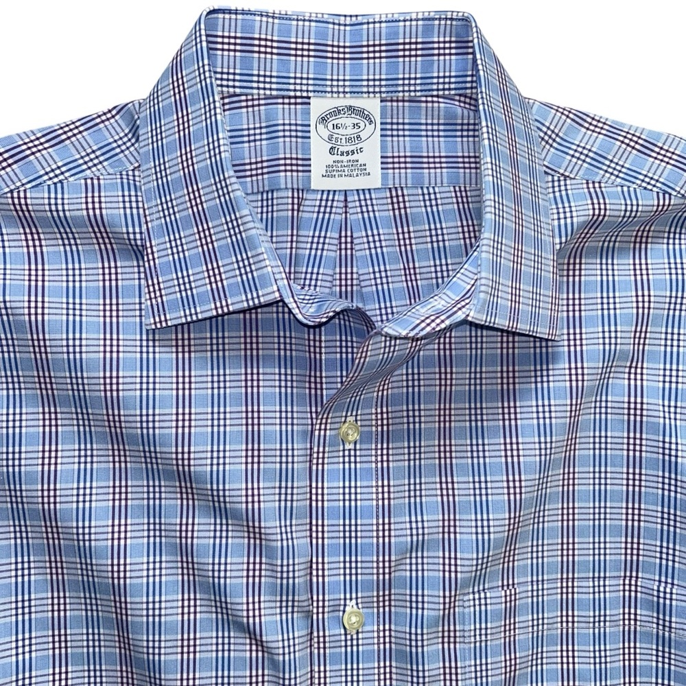 Brooks Brothers Blue White Glen Plaid Spread Collar Dress Shirt Size 16 1/2-35